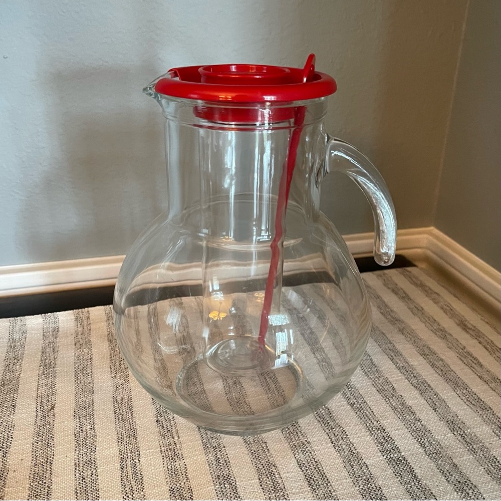 Retro Glass Pitcher with Red Lid, Stirring Stick and Ice Tube Insert